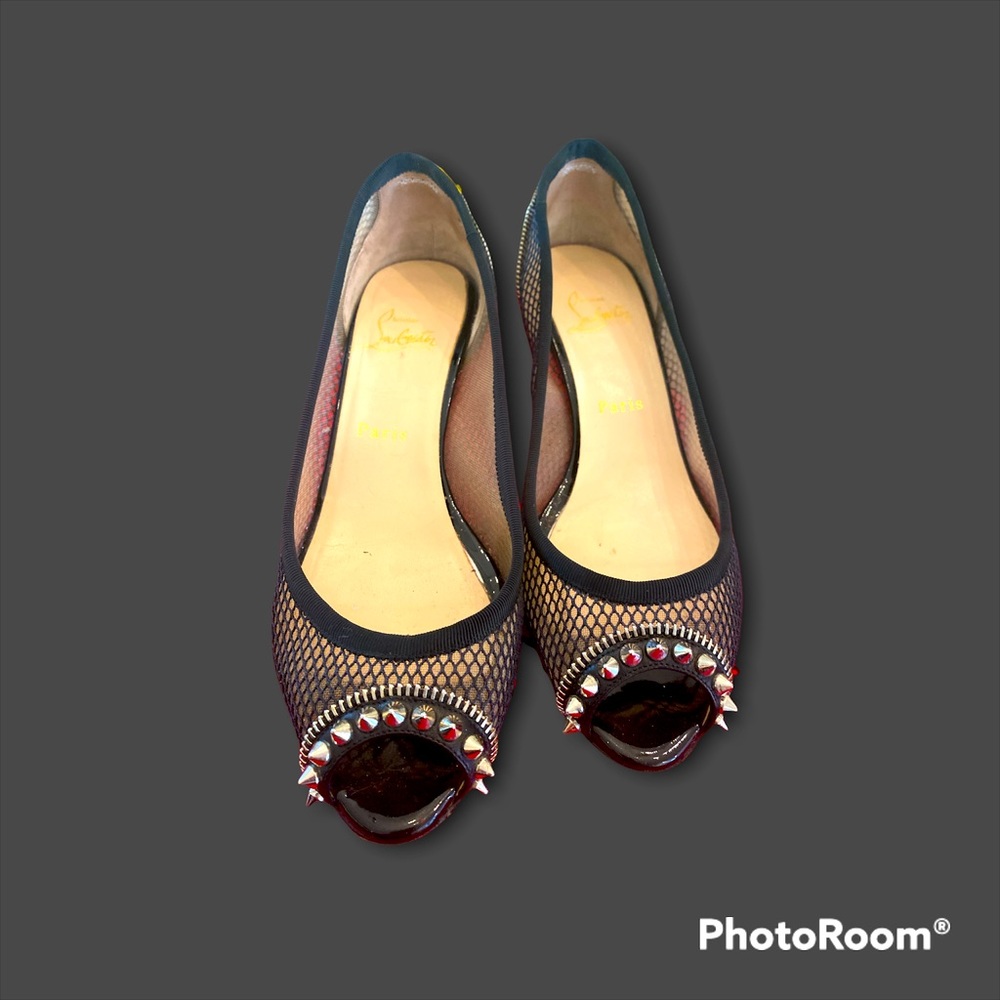BlackMesh and Patent Leather Spiked Shawnita Peep Toe Kitten Heels